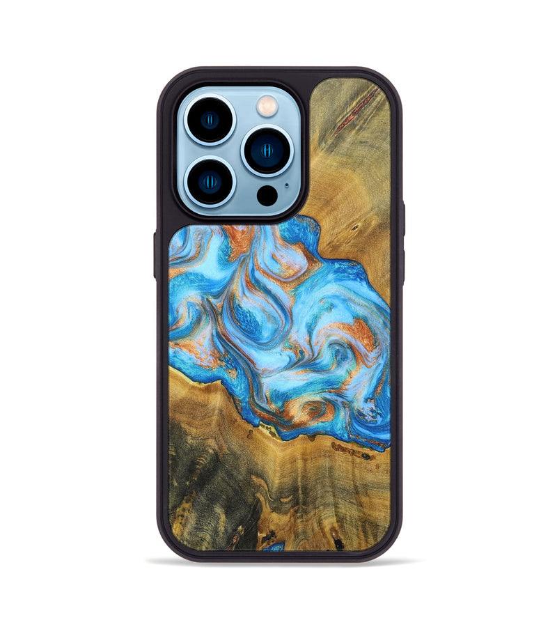 iPhone 14 Pro Wood+Resin Phone Case - Reginald (Teal & Gold, 697464)
