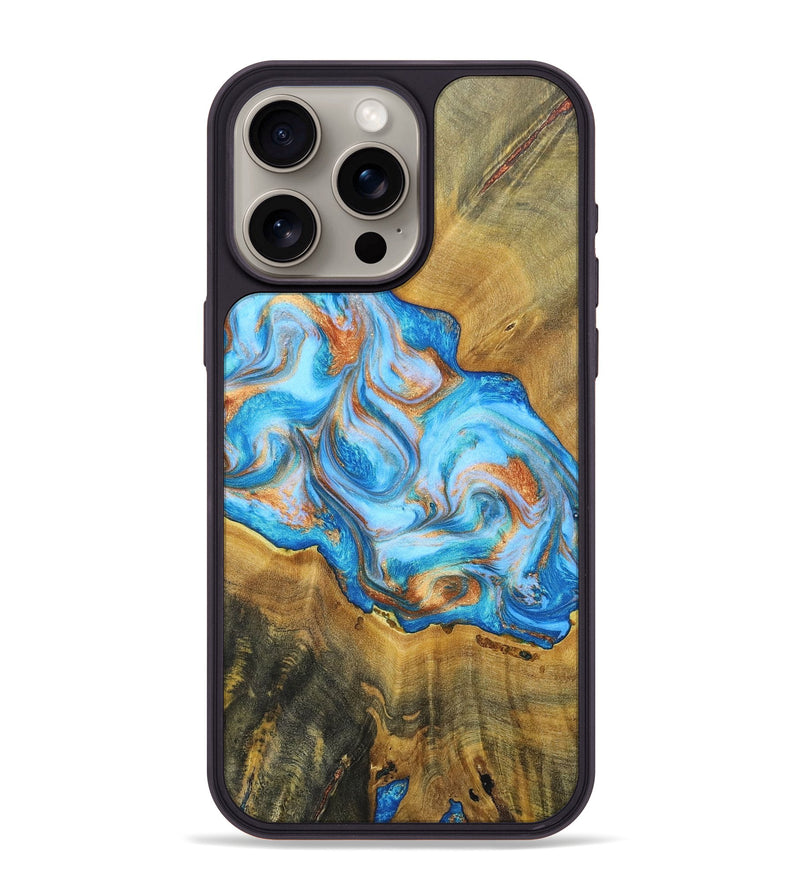 iPhone 15 Pro Max Wood+Resin Phone Case - Reginald (Teal & Gold, 697464)