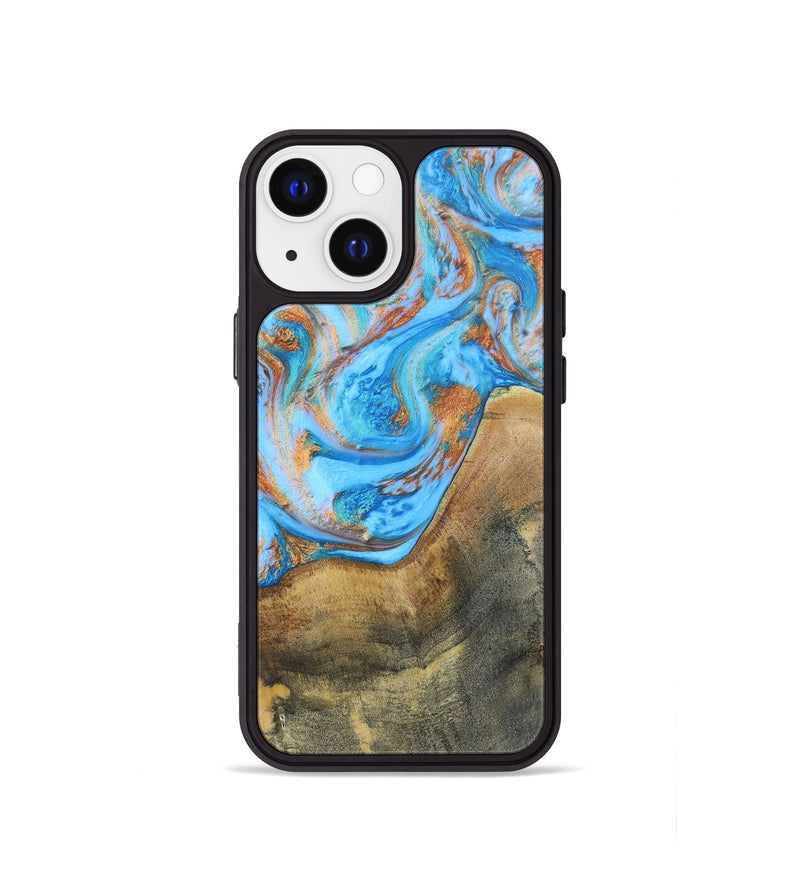 iPhone 13 mini Wood+Resin Phone Case - Sheila (Teal & Gold, 697468)