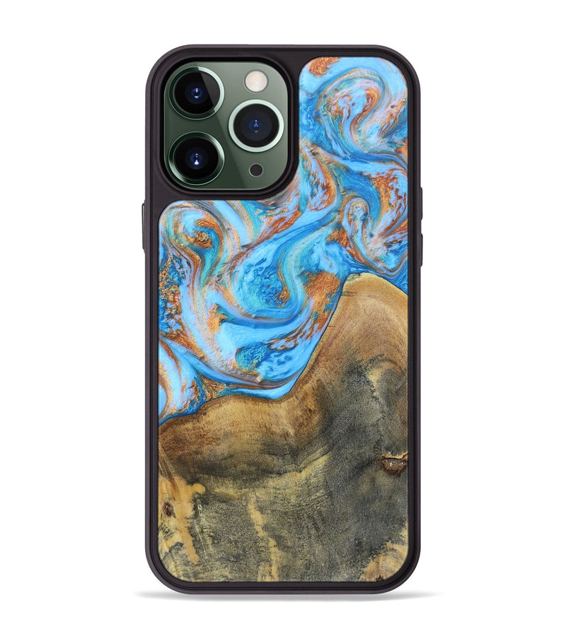 iPhone 13 Pro Max Wood+Resin Phone Case - Sheila (Teal & Gold, 697468)