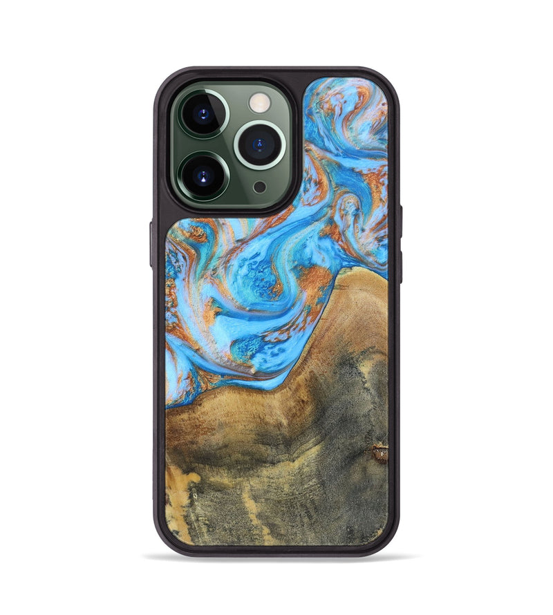 iPhone 13 Pro Wood+Resin Phone Case - Sheila (Teal & Gold, 697468)