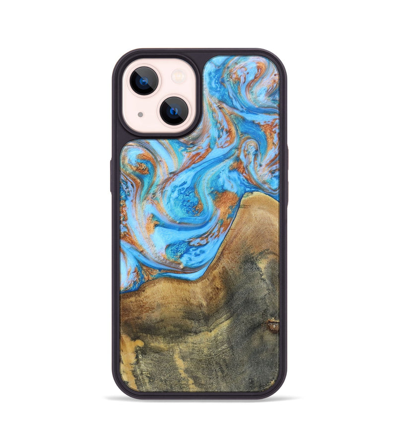 iPhone 14 Wood+Resin Phone Case - Sheila (Teal & Gold, 697468)