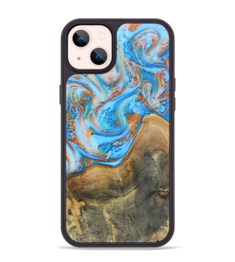 iPhone 14 Plus Wood+Resin Phone Case - Sheila (Teal & Gold, 697468)