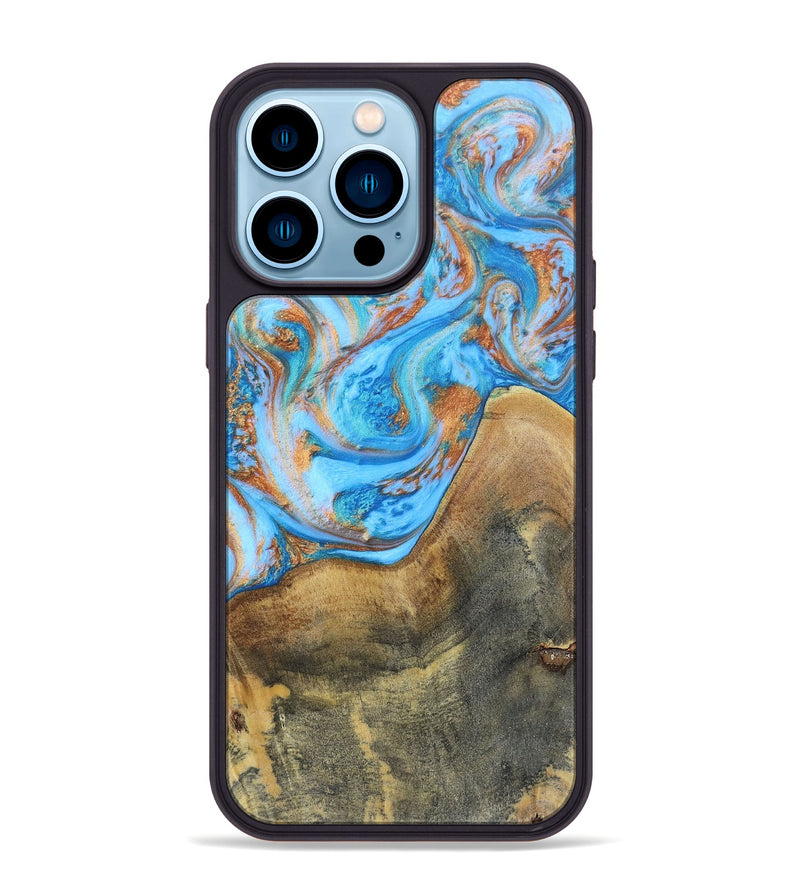 iPhone 14 Pro Max Wood+Resin Phone Case - Sheila (Teal & Gold, 697468)