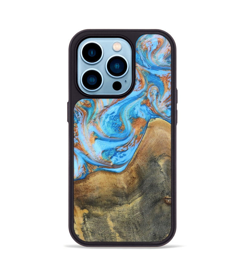 iPhone 14 Pro Wood+Resin Phone Case - Sheila (Teal & Gold, 697468)