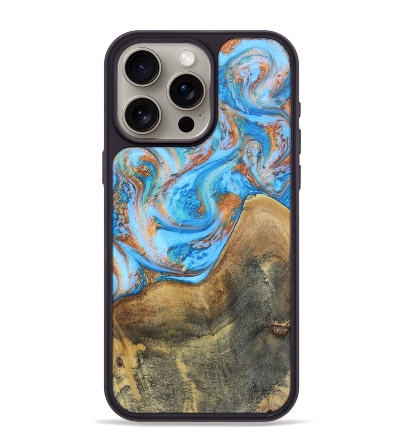 iPhone 15 Pro Max Wood+Resin Phone Case - Sheila (Teal & Gold, 697468)