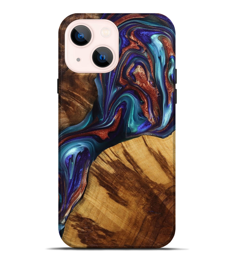 iPhone 14 Plus Wood+Resin Live Edge Phone Case - Malaysia (Teal & Gold, 698106)