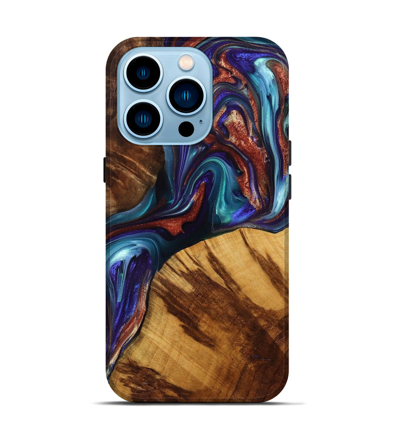 iPhone 14 Pro Wood+Resin Live Edge Phone Case - Malaysia (Teal & Gold, 698106)