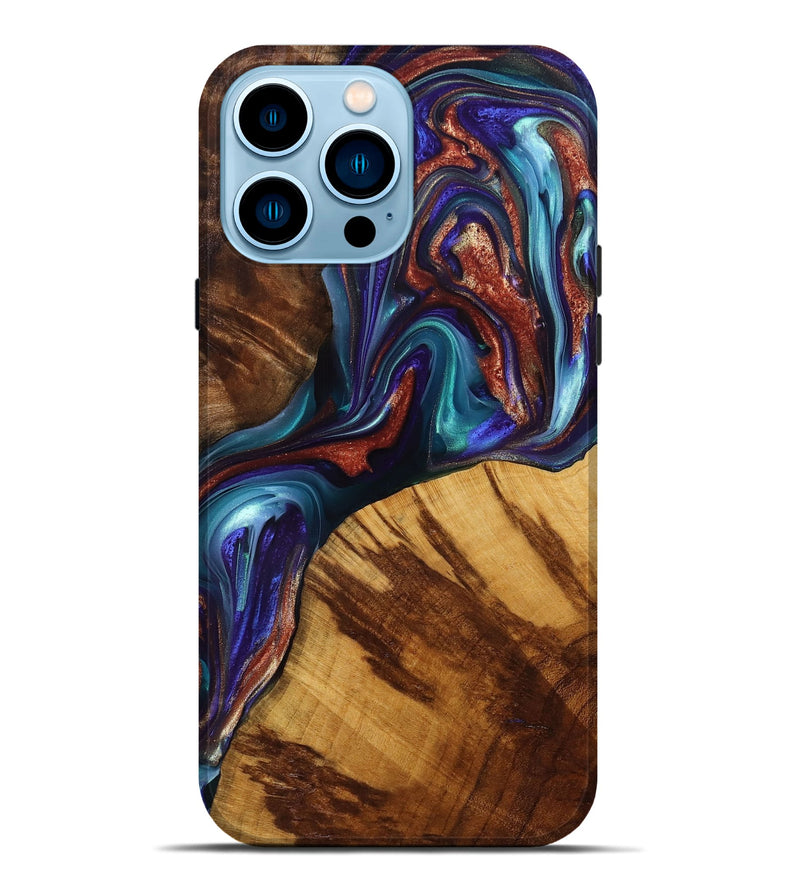 iPhone 14 Pro Max Wood+Resin Live Edge Phone Case - Malaysia (Teal & Gold, 698106)