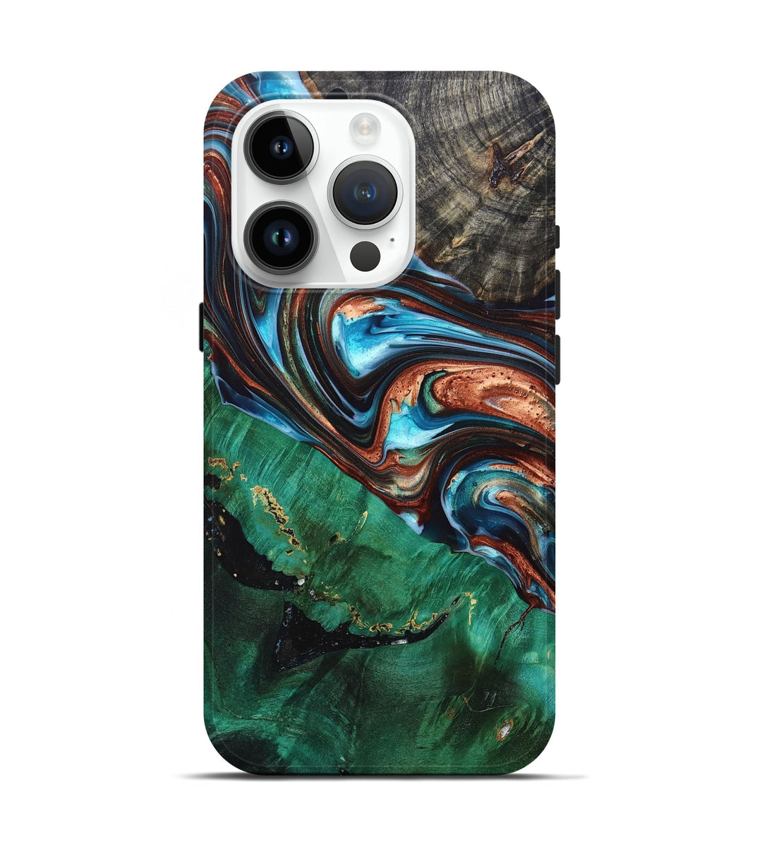 iPhone 15 Pro Wood+Resin Live Edge Phone Case - Lorene (Teal & Gold, 698202)