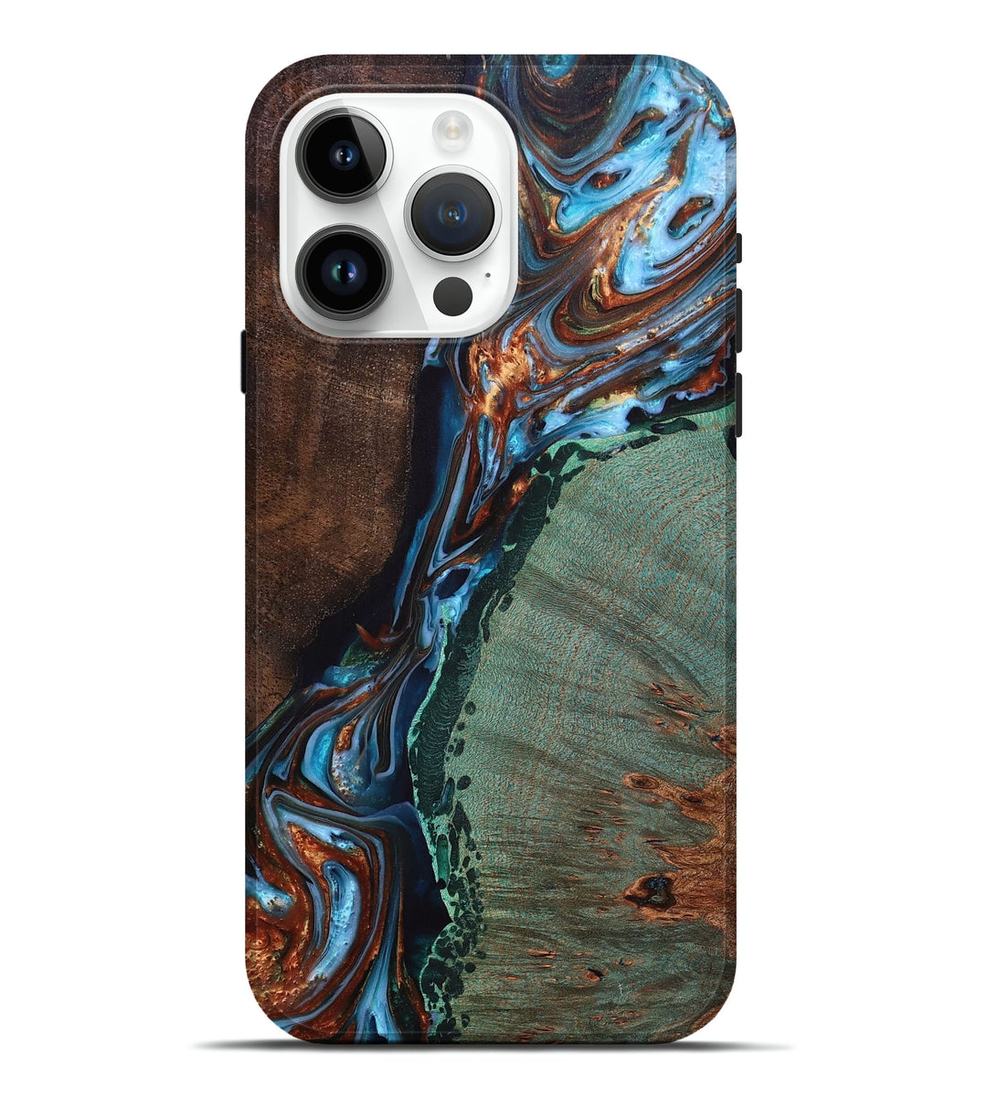 iPhone 15 Pro Max Wood+Resin Live Edge Phone Case - Bob (Teal & Gold, 698223)