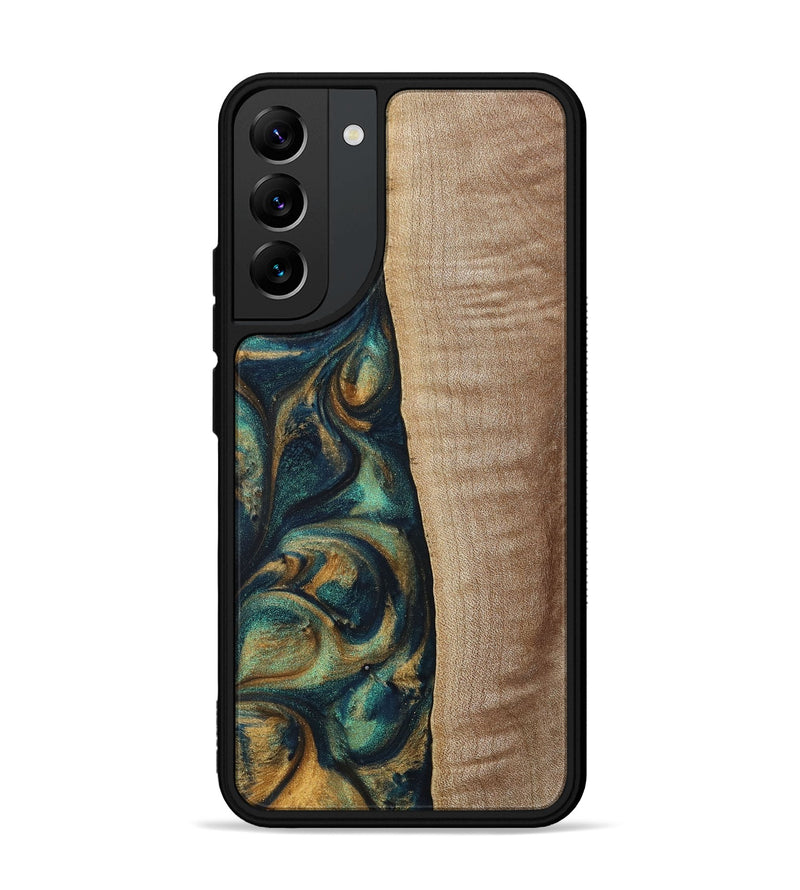 Galaxy S22 Plus Wood+Resin Phone Case - Jasper (Teal & Gold, 698305)
