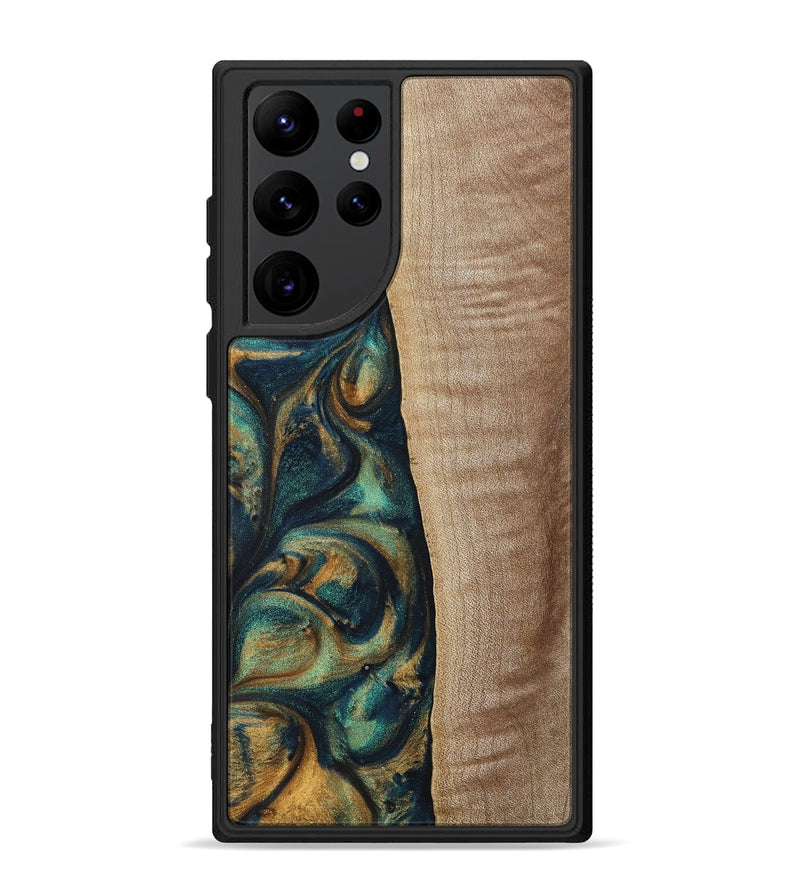 Galaxy S22 Ultra Wood+Resin Phone Case - Jasper (Teal & Gold, 698305)