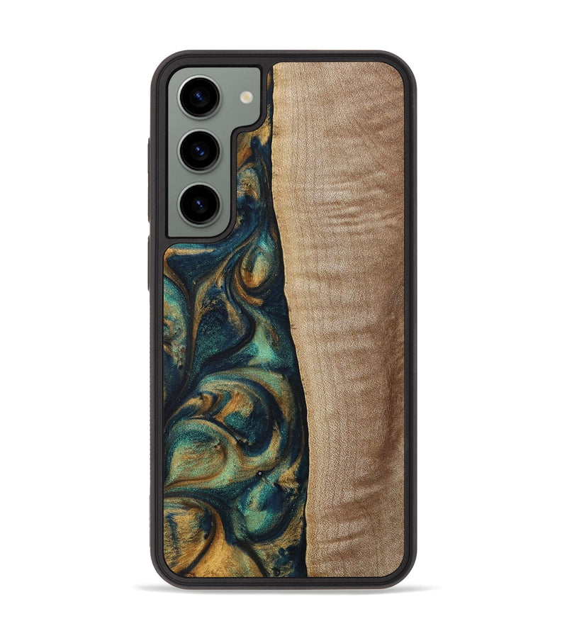 Galaxy S23 Plus Wood+Resin Phone Case - Jasper (Teal & Gold, 698305)