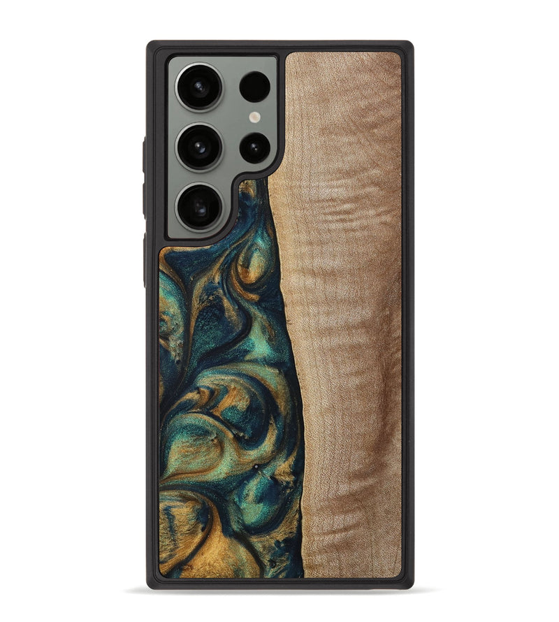 Galaxy S23 Ultra Wood+Resin Phone Case - Jasper (Teal & Gold, 698305)