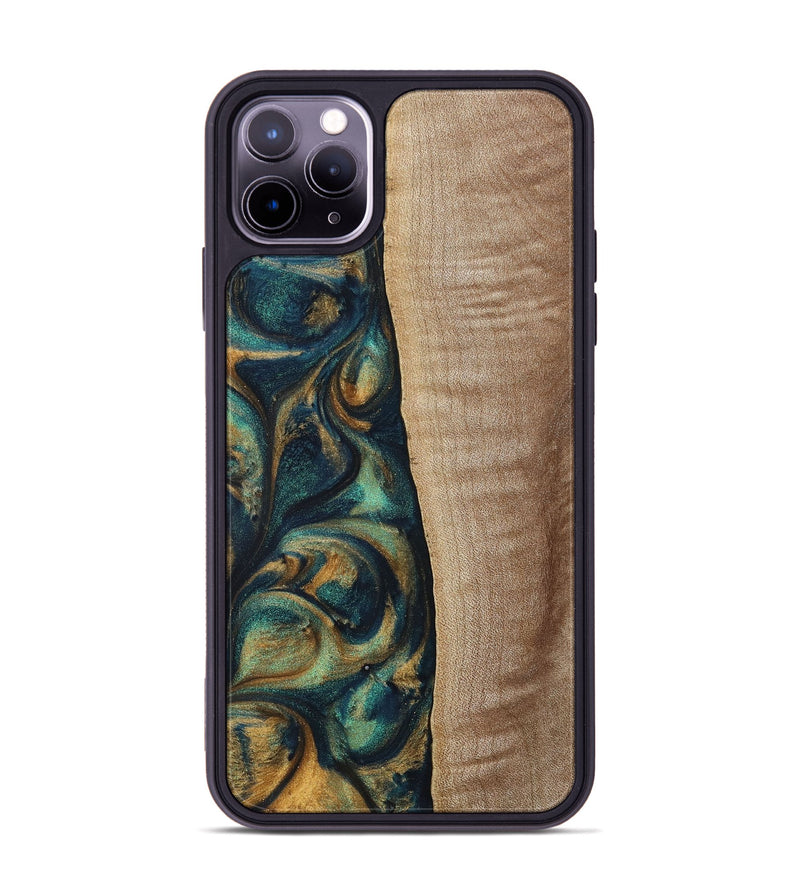 iPhone 11 Pro Max Wood+Resin Phone Case - Jasper (Teal & Gold, 698305)
