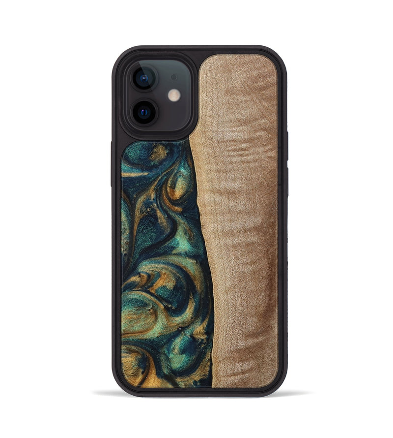 iPhone 12 Wood+Resin Phone Case - Jasper (Teal & Gold, 698305)