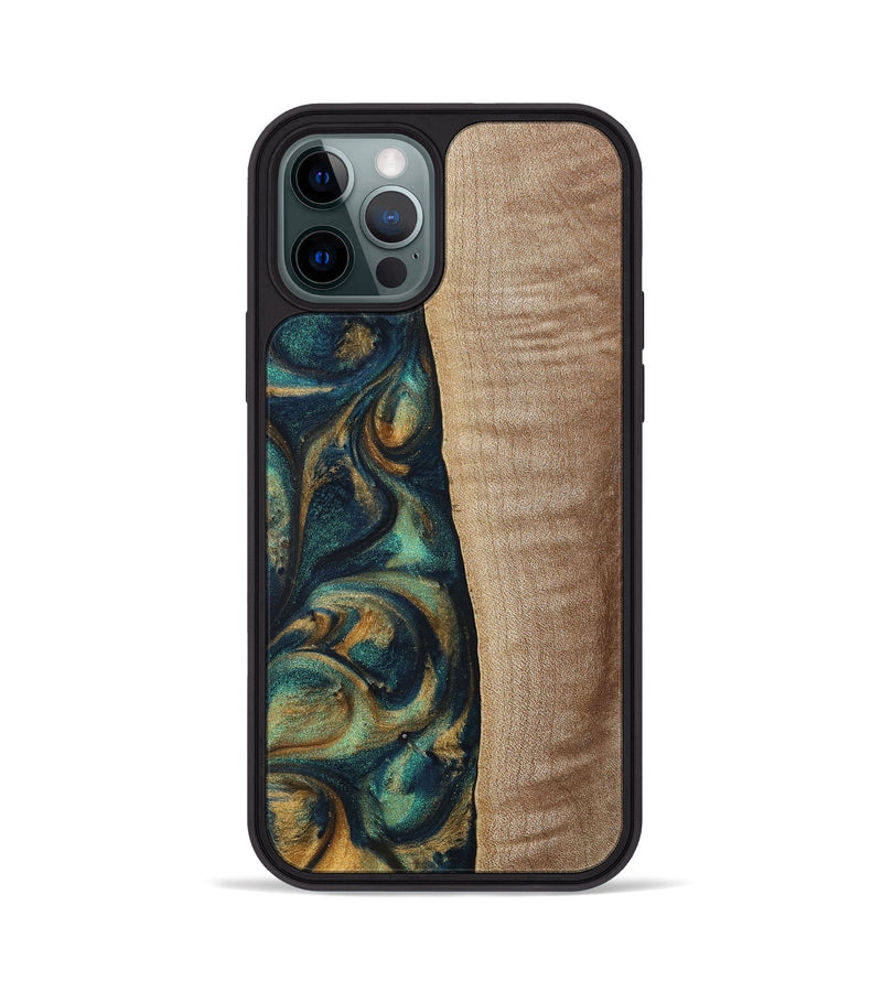 iPhone 12 Pro Wood+Resin Phone Case - Jasper (Teal & Gold, 698305)