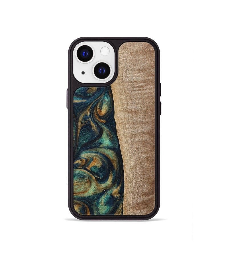 iPhone 13 mini Wood+Resin Phone Case - Jasper (Teal & Gold, 698305)