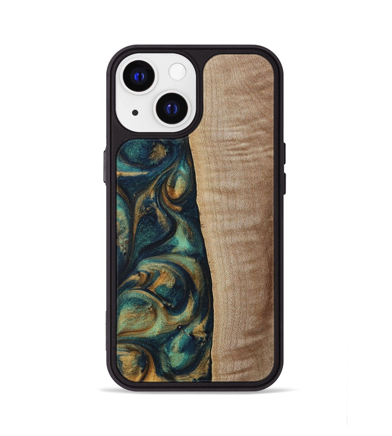 iPhone 13 Wood+Resin Phone Case - Jasper (Teal & Gold, 698305)