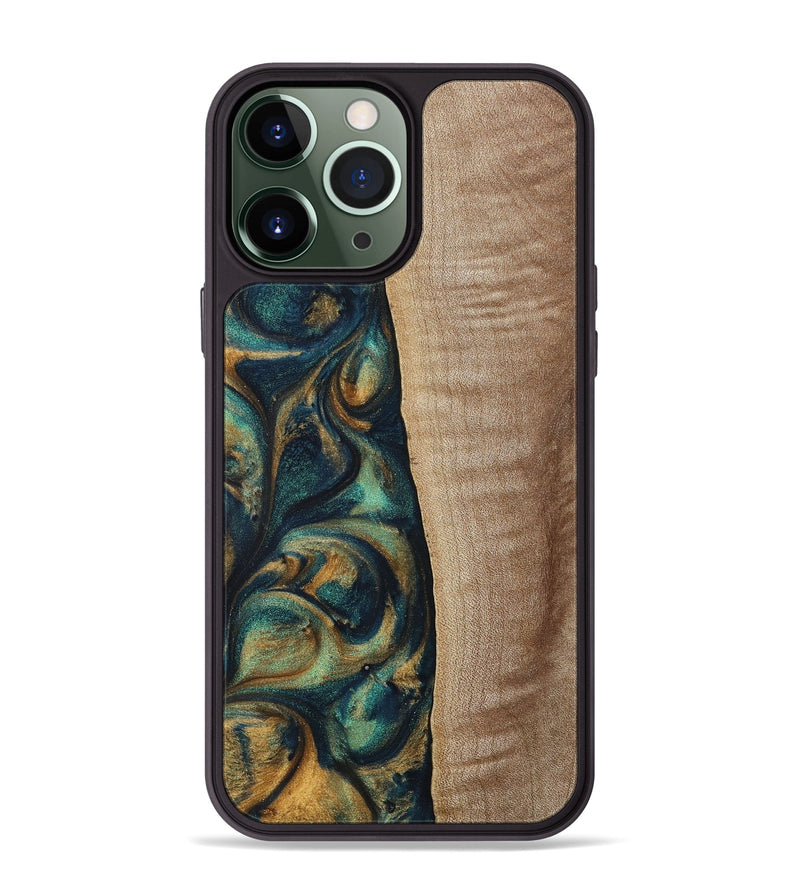 iPhone 13 Pro Max Wood+Resin Phone Case - Jasper (Teal & Gold, 698305)