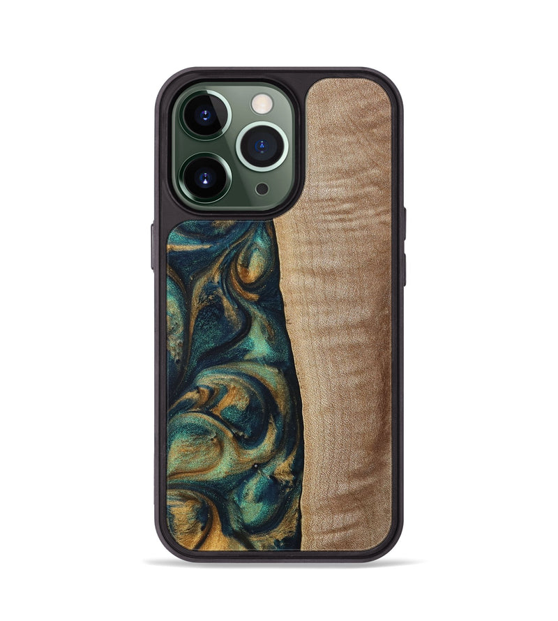 iPhone 13 Pro Wood+Resin Phone Case - Jasper (Teal & Gold, 698305)