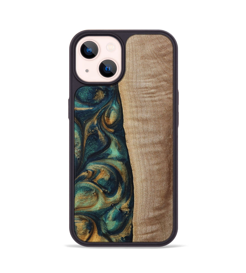 iPhone 14 Wood+Resin Phone Case - Jasper (Teal & Gold, 698305)