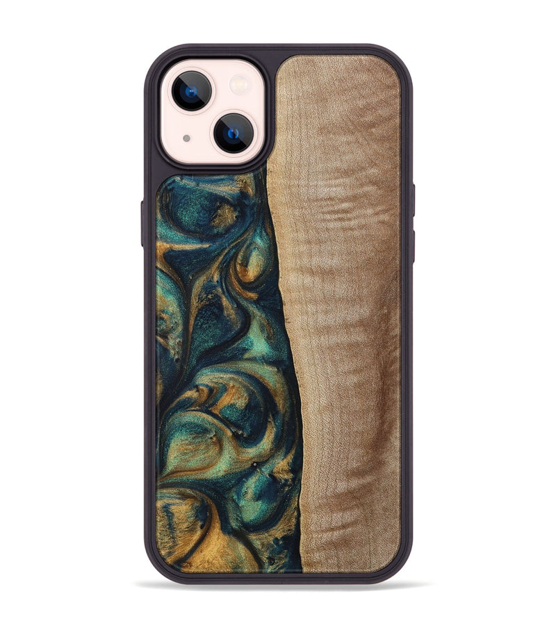 iPhone 14 Plus Wood+Resin Phone Case - Jasper (Teal & Gold, 698305)