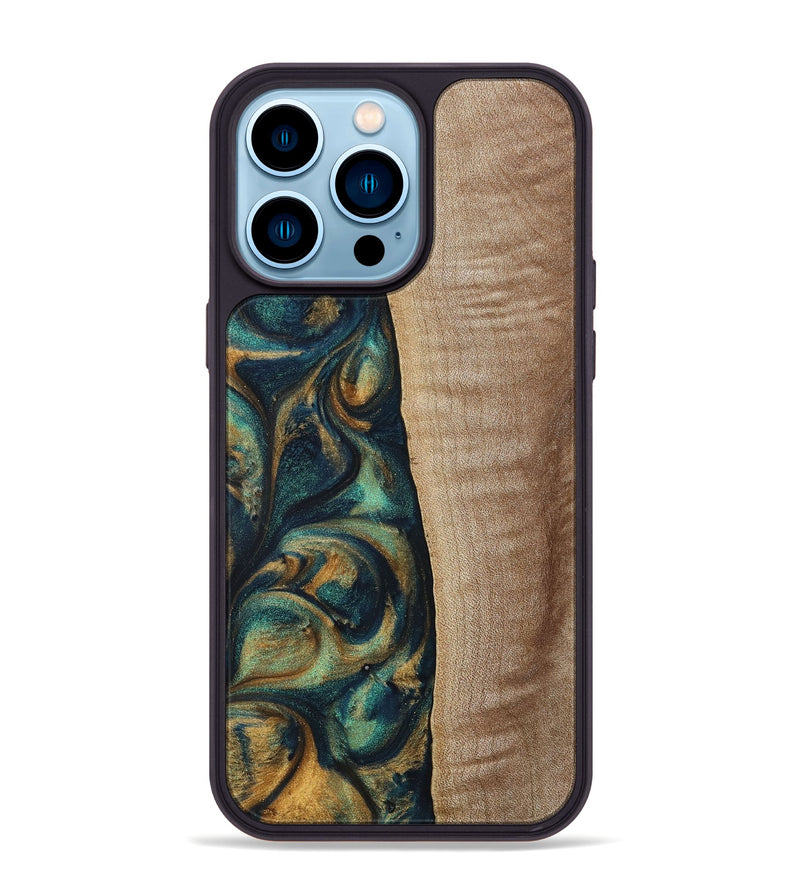 iPhone 14 Pro Max Wood+Resin Phone Case - Jasper (Teal & Gold, 698305)