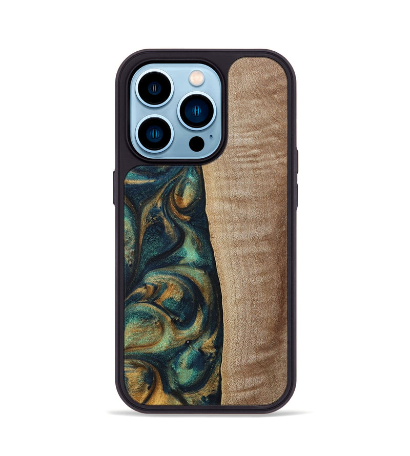iPhone 14 Pro Wood+Resin Phone Case - Jasper (Teal & Gold, 698305)