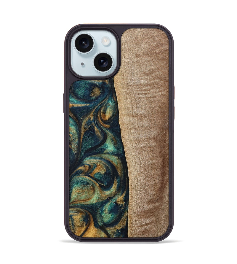 iPhone 15 Wood+Resin Phone Case - Jasper (Teal & Gold, 698305)
