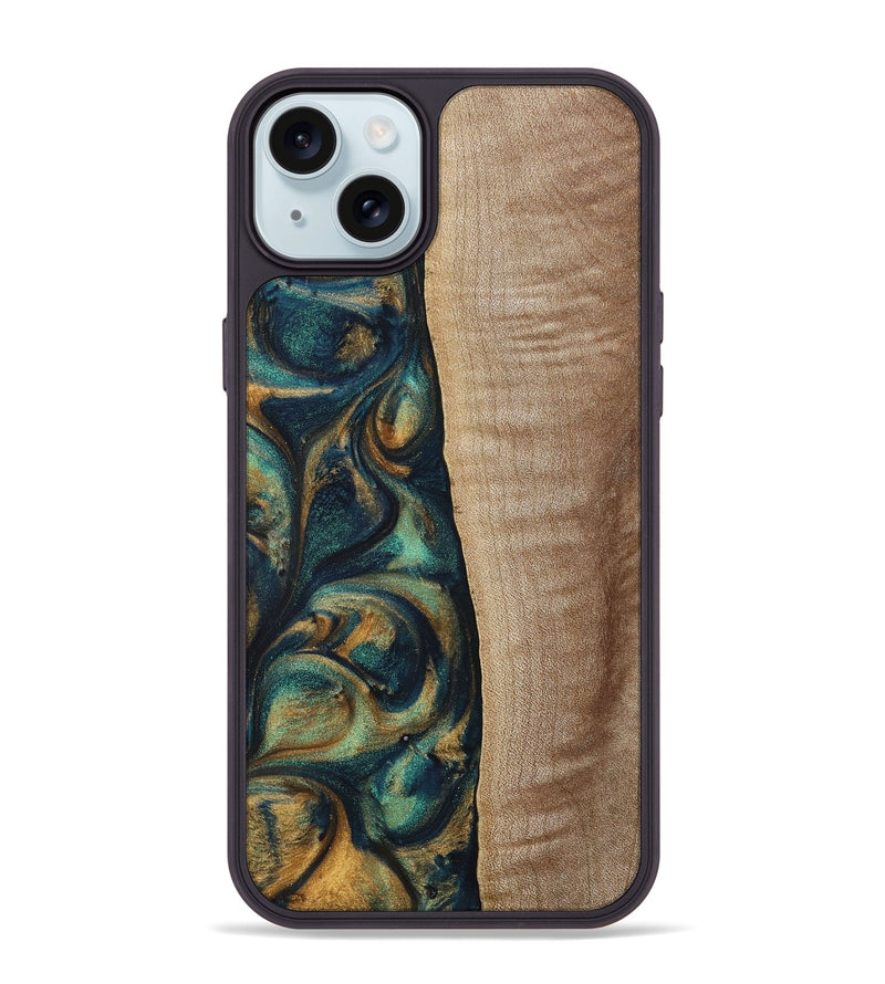 iPhone 15 Plus Wood+Resin Phone Case - Jasper (Teal & Gold, 698305)