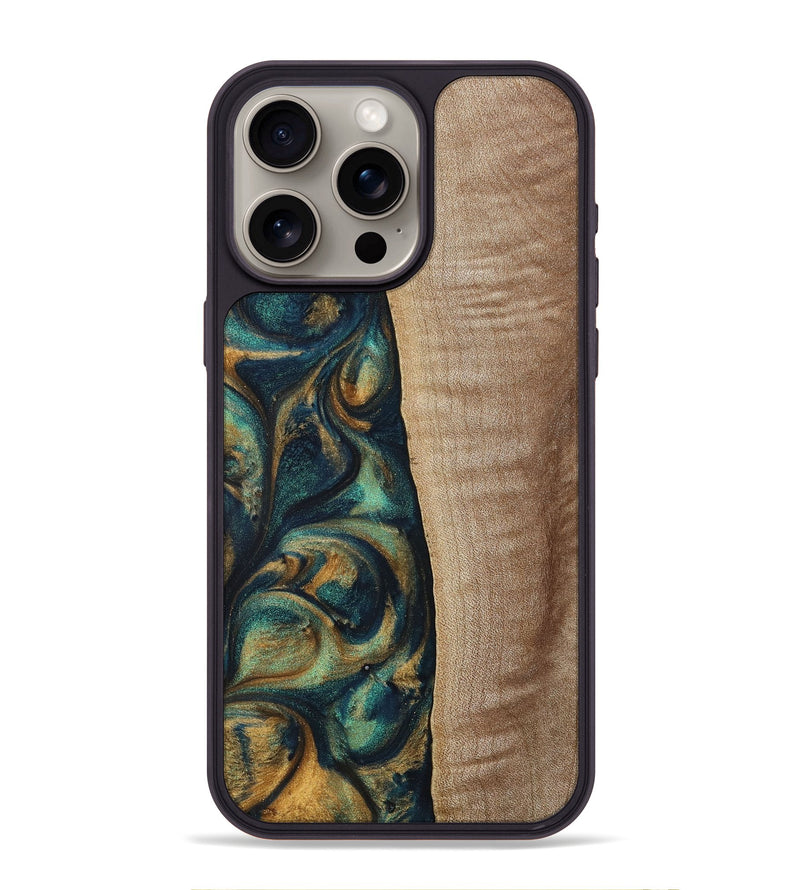 iPhone 15 Pro Max Wood+Resin Phone Case - Jasper (Teal & Gold, 698305)