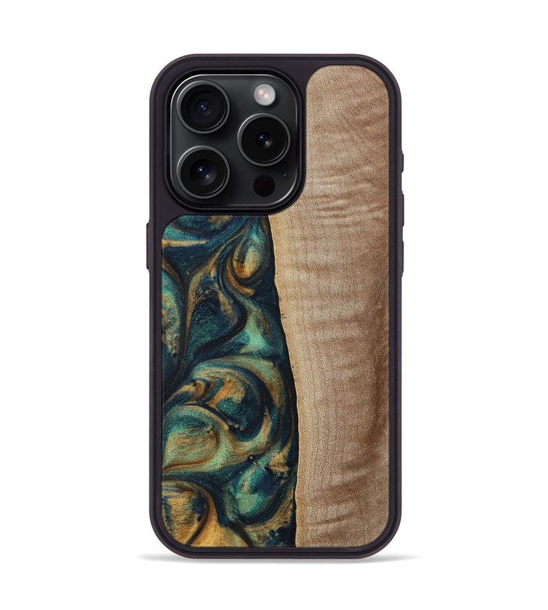 iPhone 15 Pro Wood+Resin Phone Case - Jasper (Teal & Gold, 698305)
