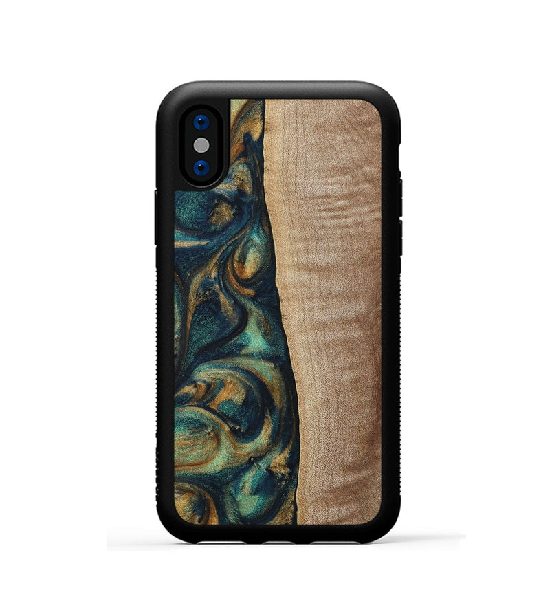 iPhone Xs Wood+Resin Phone Case - Jasper (Teal & Gold, 698305)