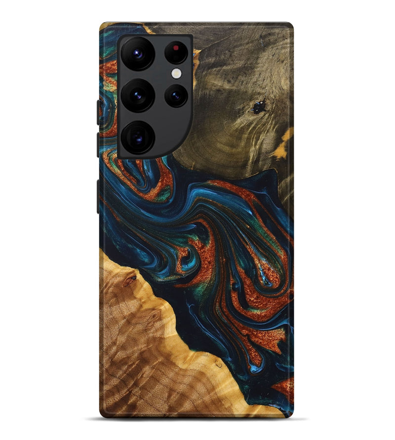 Galaxy S22 Ultra Wood+Resin Live Edge Phone Case - Rebekah (Teal & Gold, 698382)