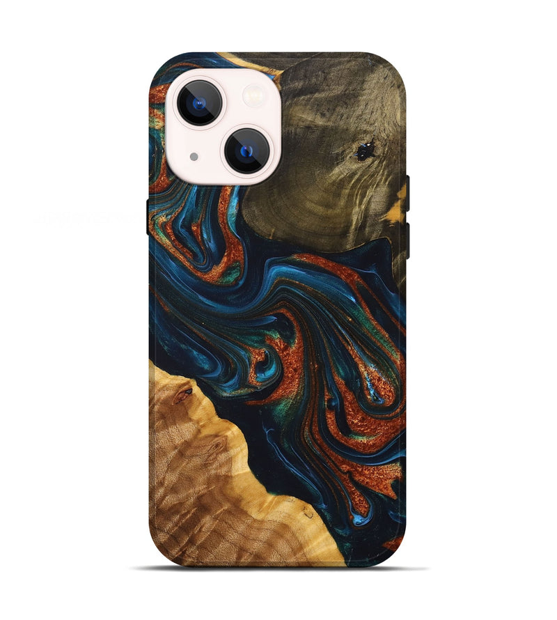 iPhone 13 Wood+Resin Live Edge Phone Case - Rebekah (Teal & Gold, 698382)