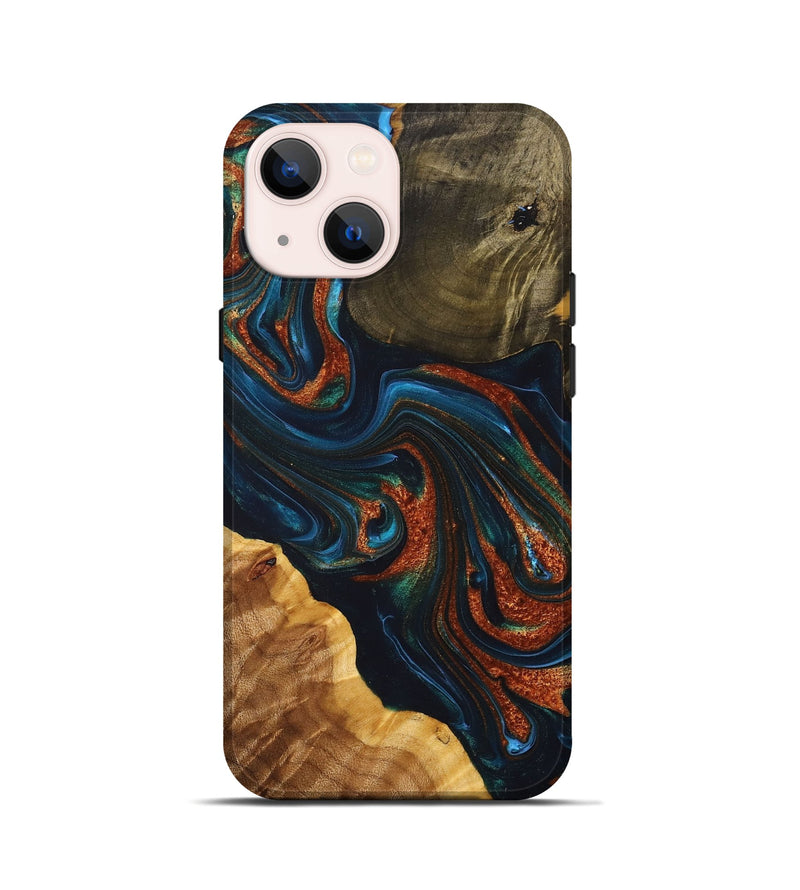 iPhone 13 mini Wood+Resin Live Edge Phone Case - Rebekah (Teal & Gold, 698382)
