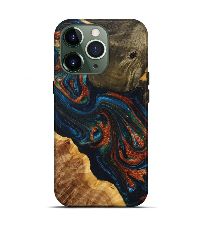 iPhone 13 Pro Wood+Resin Live Edge Phone Case - Rebekah (Teal & Gold, 698382)