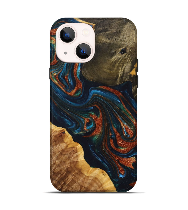 iPhone 14 Wood+Resin Live Edge Phone Case - Rebekah (Teal & Gold, 698382)