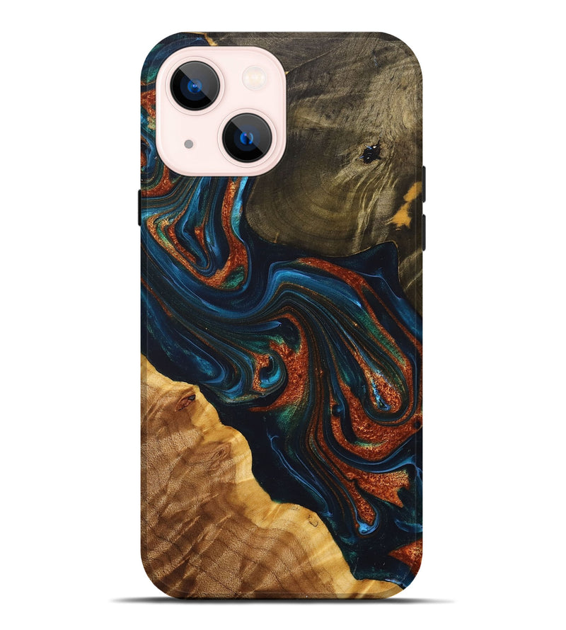 iPhone 14 Plus Wood+Resin Live Edge Phone Case - Rebekah (Teal & Gold, 698382)