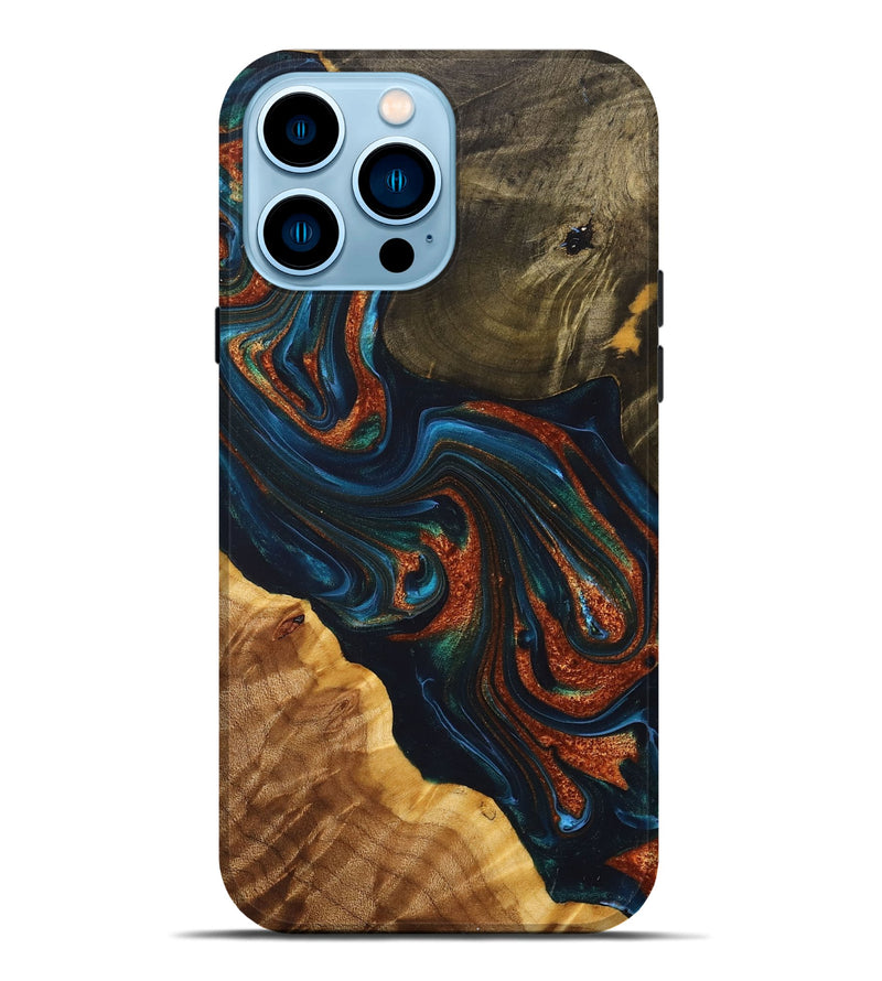 iPhone 14 Pro Max Wood+Resin Live Edge Phone Case - Rebekah (Teal & Gold, 698382)