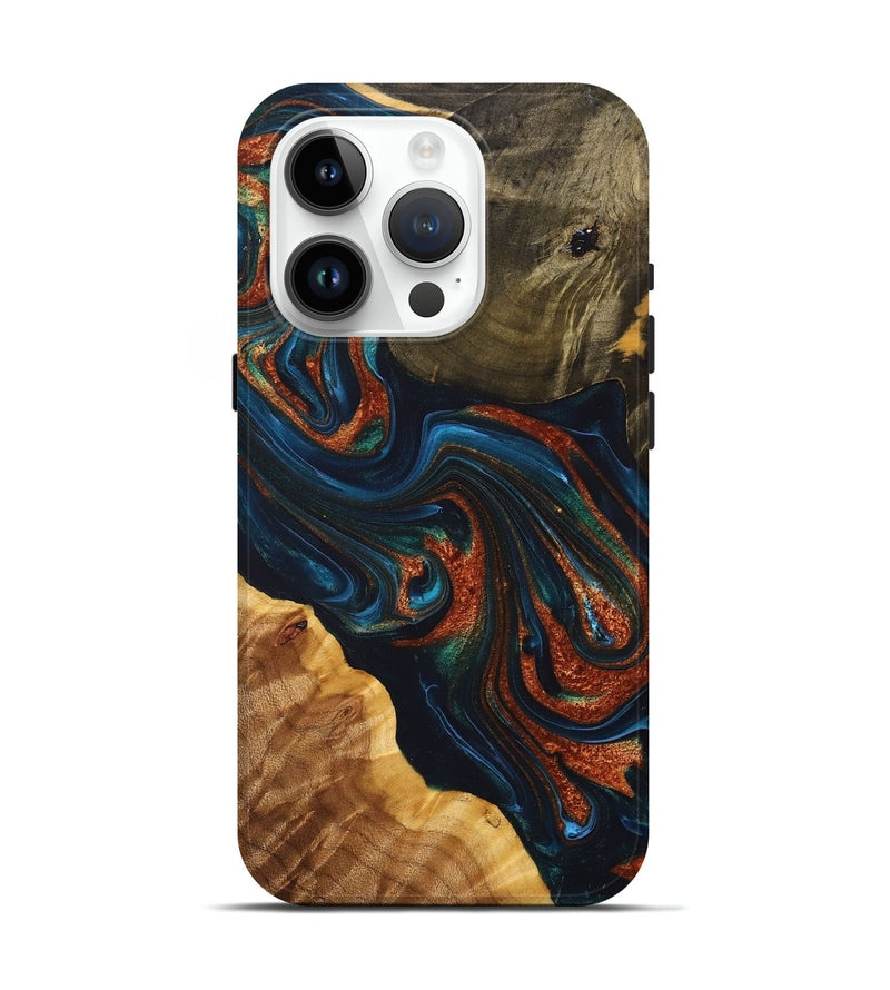 iPhone 15 Pro Wood+Resin Live Edge Phone Case - Rebekah (Teal & Gold, 698382)