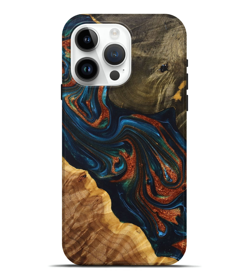 iPhone 15 Pro Max Wood+Resin Live Edge Phone Case - Rebekah (Teal & Gold, 698382)