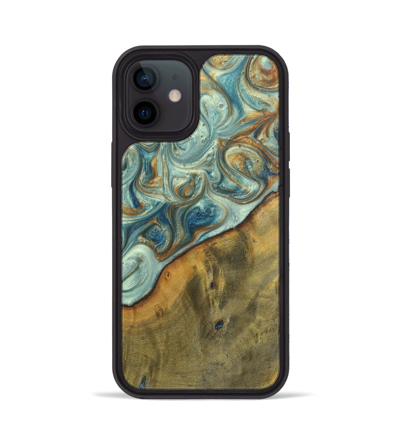 iPhone 12 Wood+Resin Phone Case - Ezra (Teal & Gold, 698412)