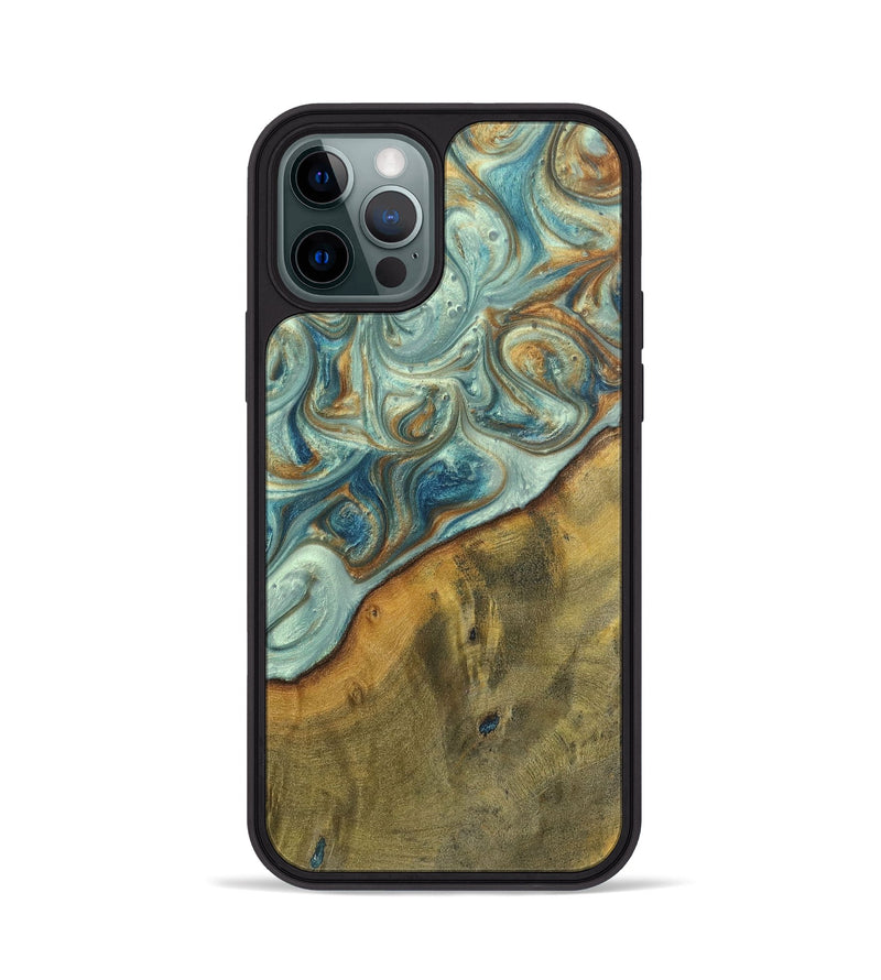 iPhone 12 Pro Wood+Resin Phone Case - Ezra (Teal & Gold, 698412)