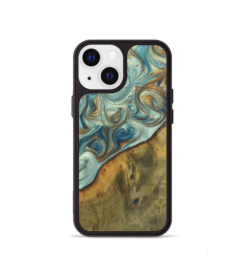iPhone 13 mini Wood+Resin Phone Case - Ezra (Teal & Gold, 698412)