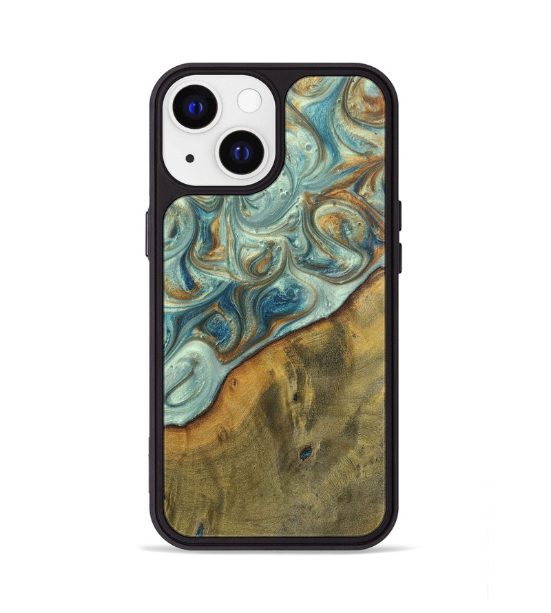 iPhone 13 Wood+Resin Phone Case - Ezra (Teal & Gold, 698412)