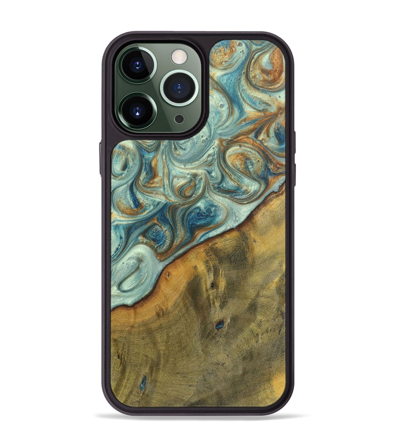 iPhone 13 Pro Max Wood+Resin Phone Case - Ezra (Teal & Gold, 698412)
