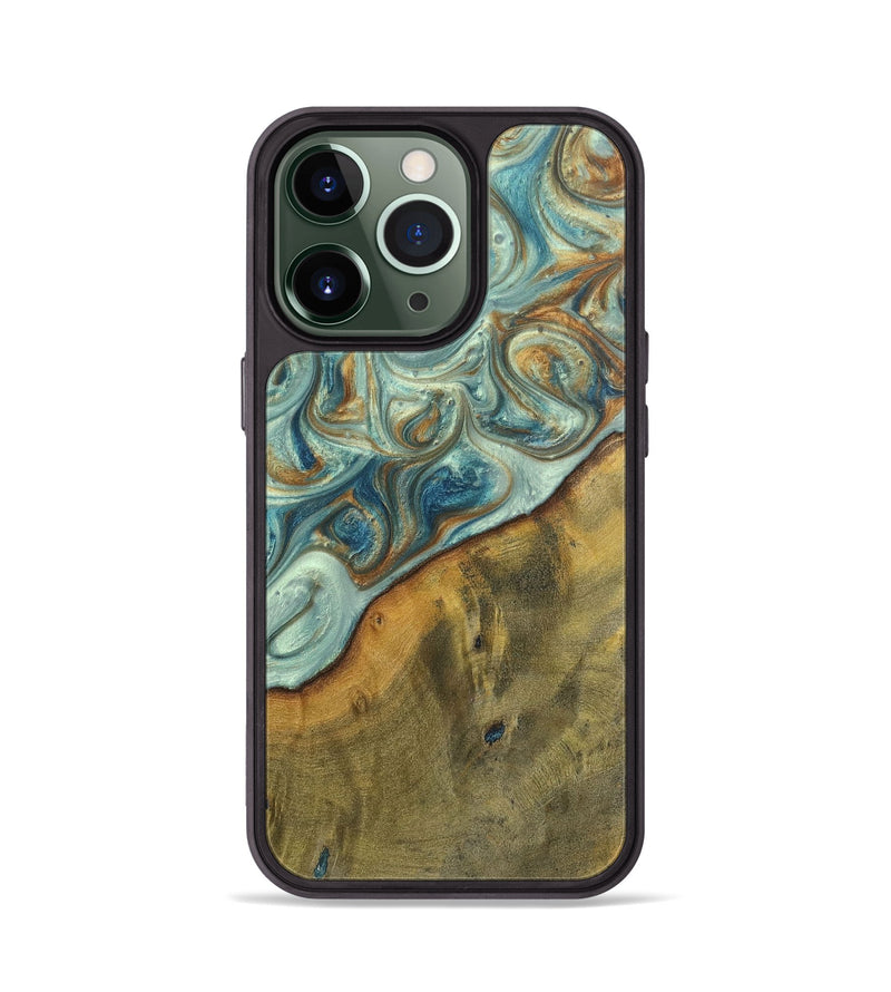 iPhone 13 Pro Wood+Resin Phone Case - Ezra (Teal & Gold, 698412)